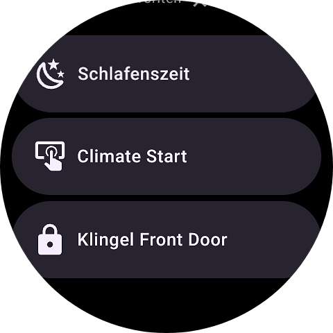 Home-Assistant-Wear-OS-Favoritenliste mit Schlafenszeit, Climate Start und Klingel Front Door.