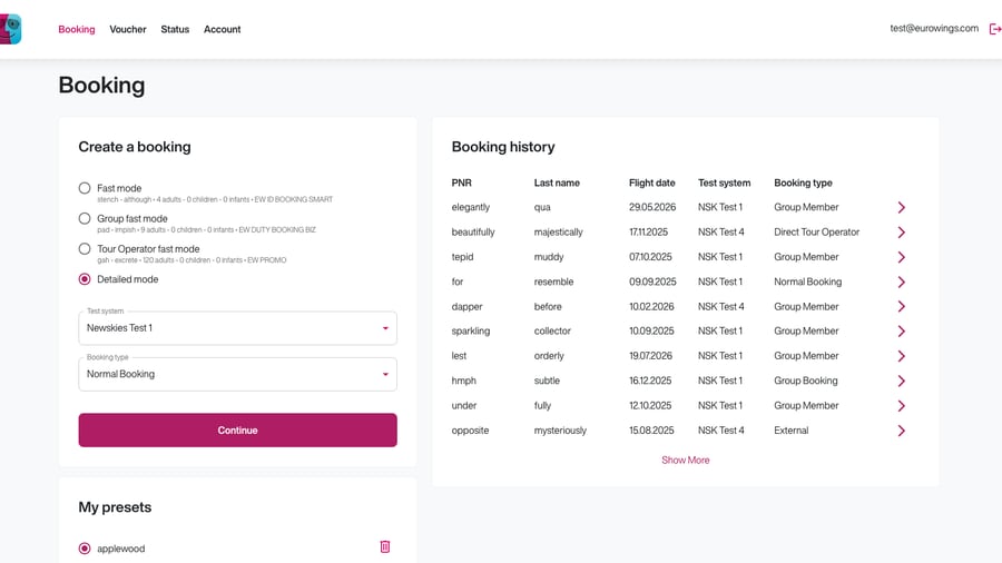 Eurowings Digital test data tool booking interface
